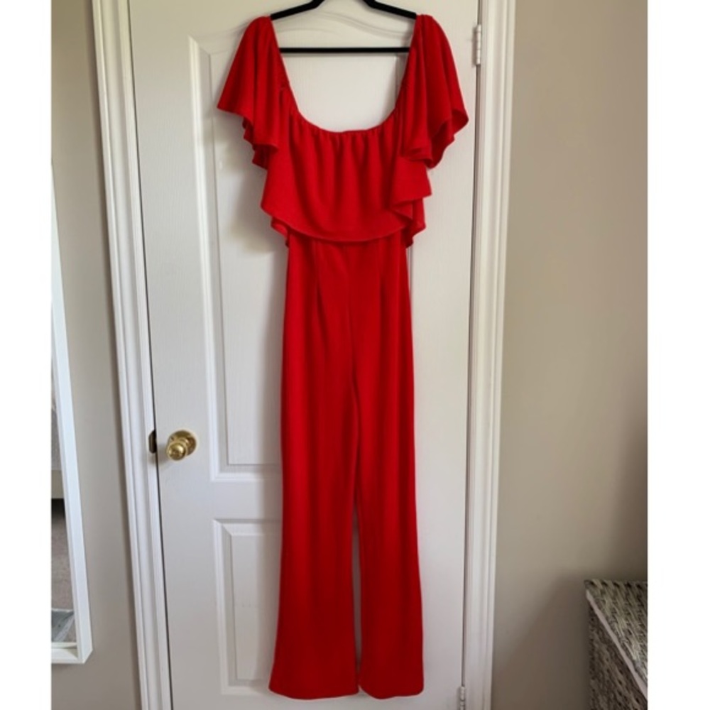 RED OFF THE SHOULDER JUMPSUIT